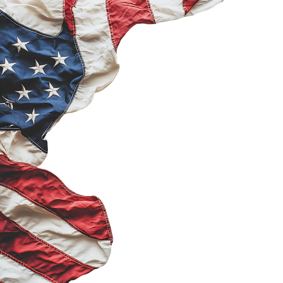 A red, white, and blue American flag is draped over a white background png