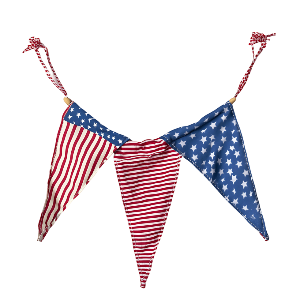 A red, white, and blue flag with stars is hanging from a rope on transparent background png