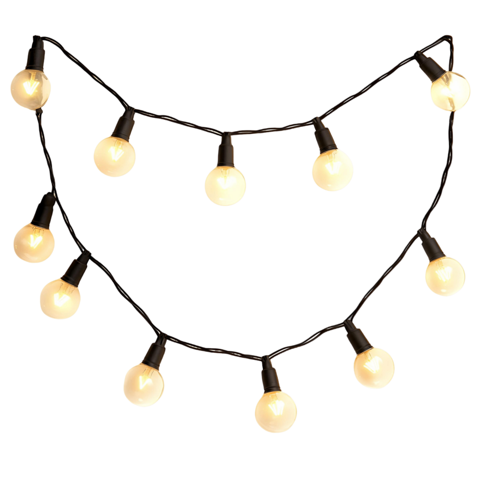 A string of lights with white bulbs hanging from a black cord png