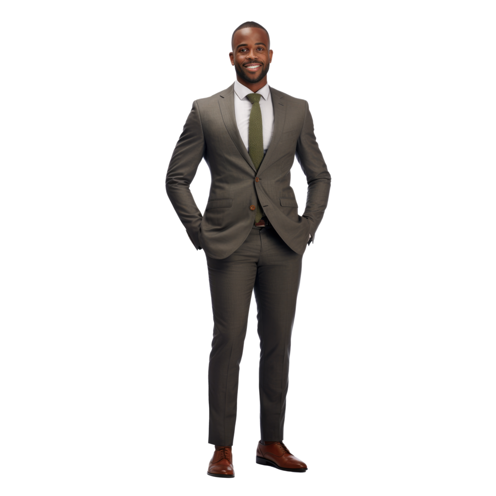 A man in a suit and tie standing with his hands in his pockets png