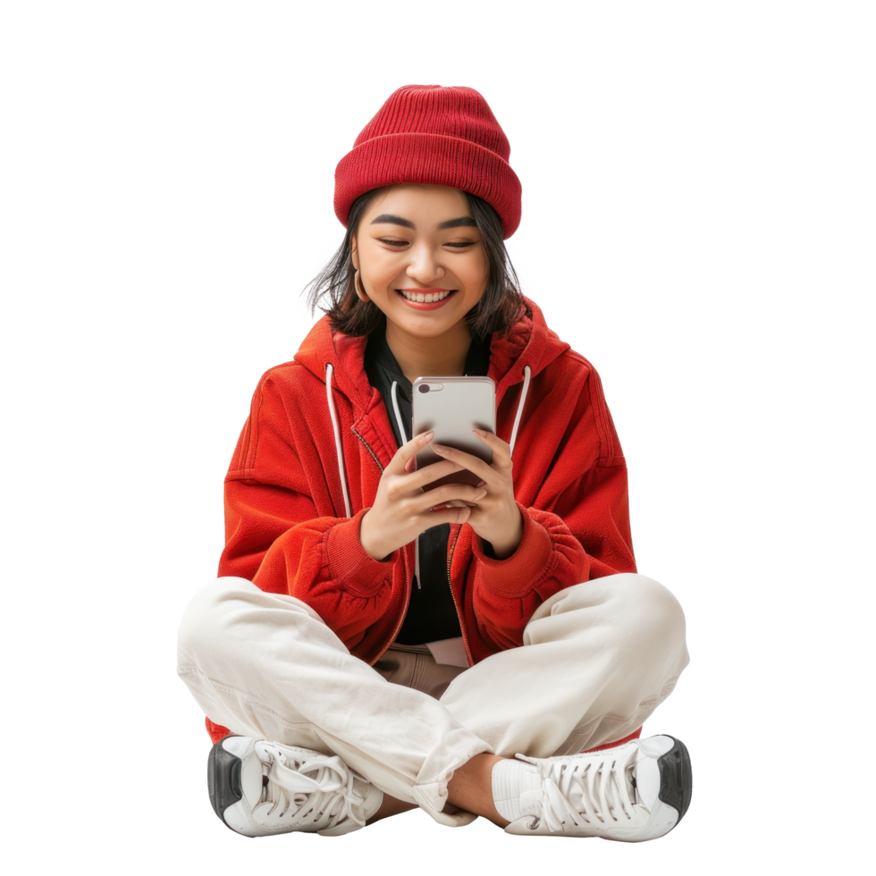 A girl in a red jacket and beanie is sitting on the floor and using her phone png