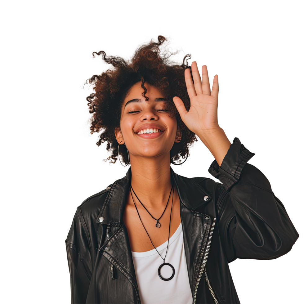 A woman with curly hair and a leather jacket png