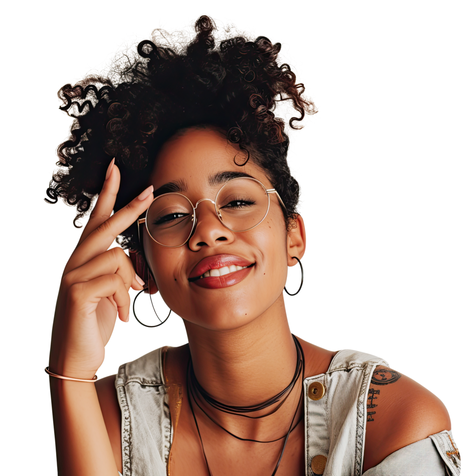 A woman with glasses and a denim shirt png