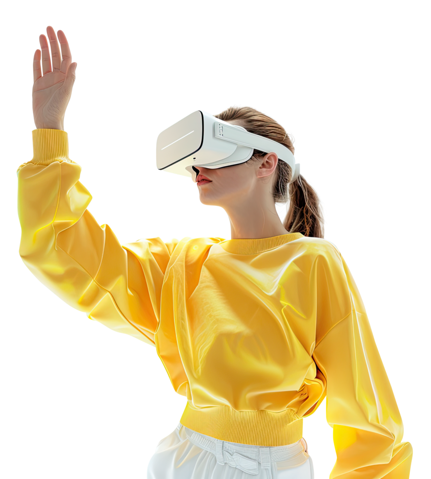 A woman wearing a yellow sweater and holding up a virtual reality headset png