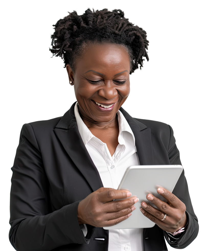 A smiling woman in a business suit holding a tablet png