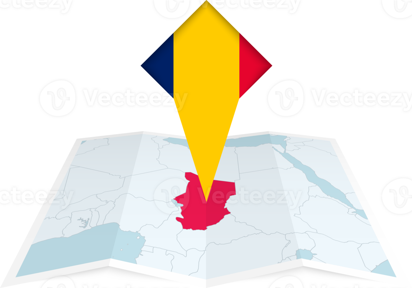 Chad pin flag and map on a folded map png