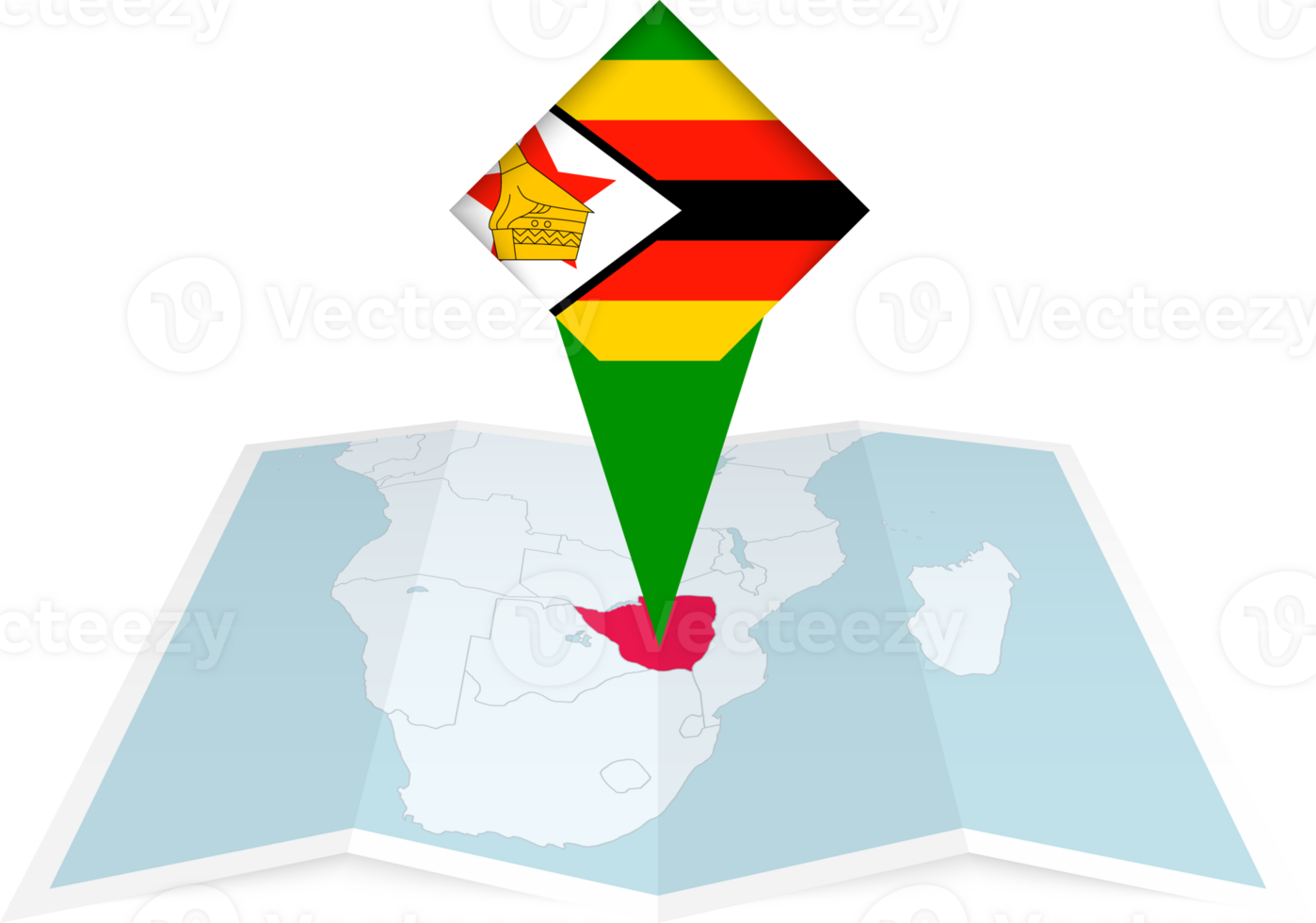 Zimbabwe pin flag and map on a folded map png