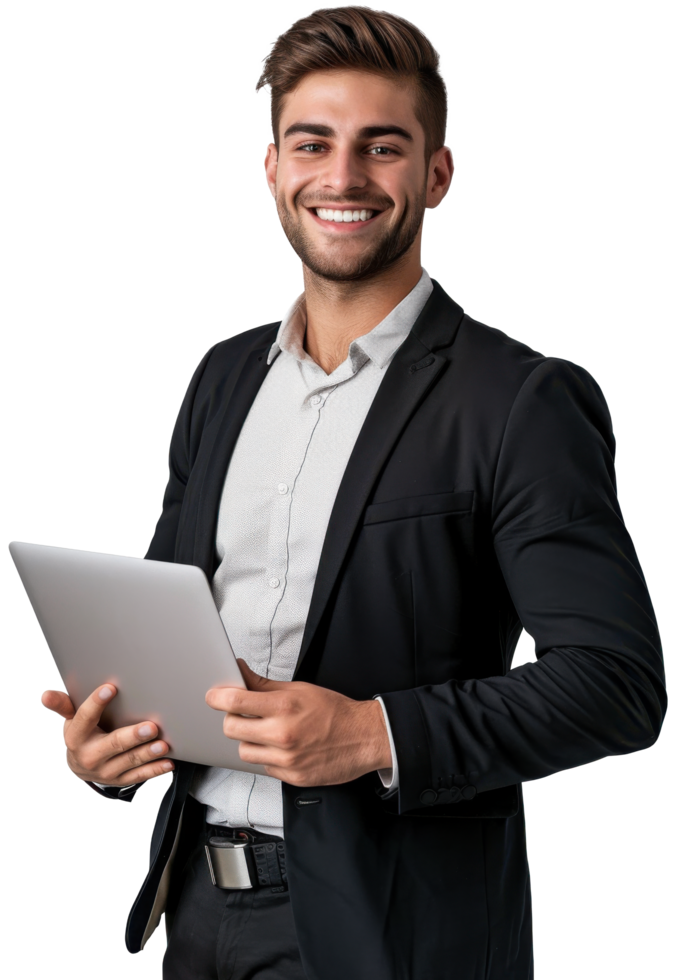 A smiling man in a suit holding a laptop png