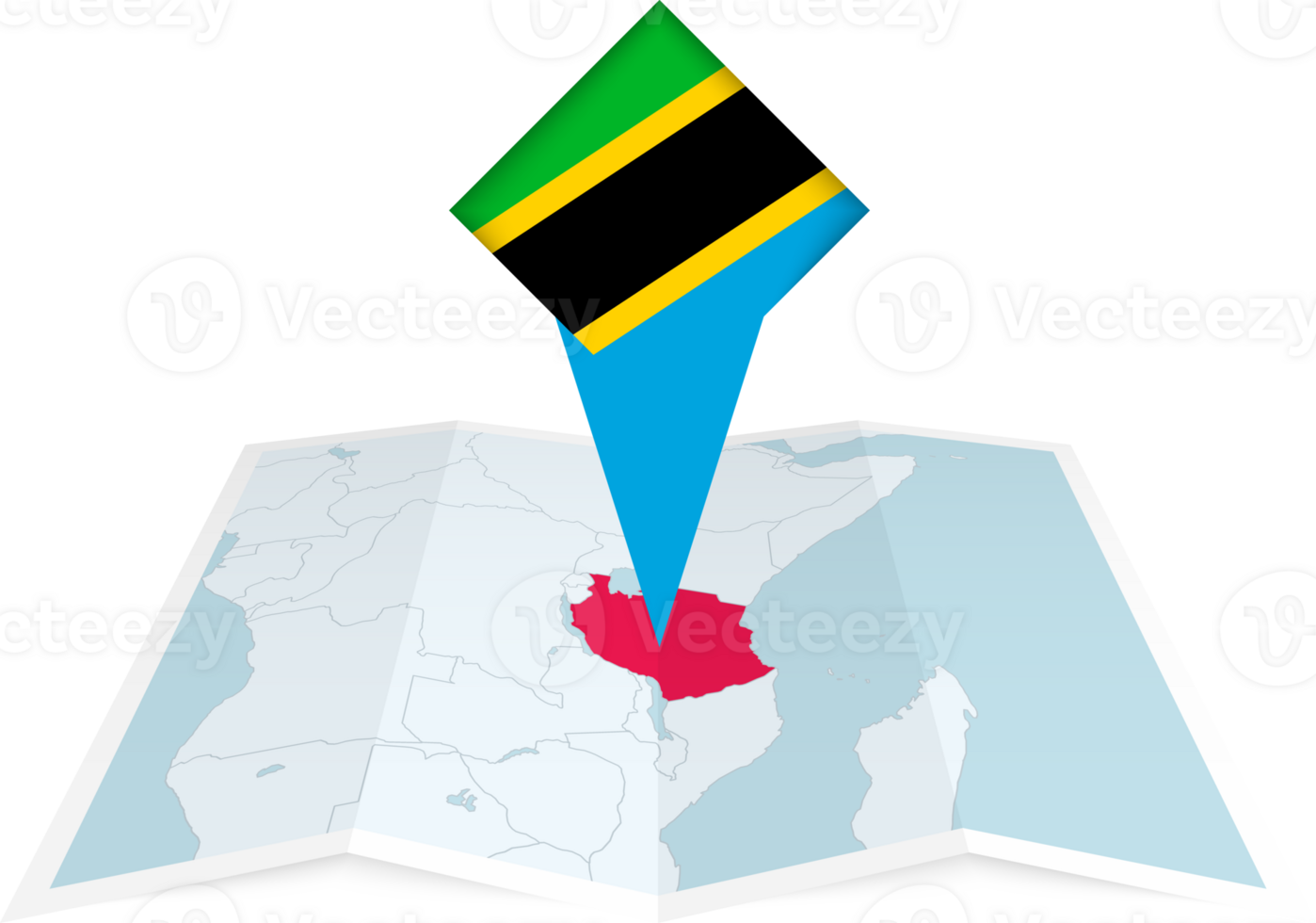 Tanzania pin flag and map on a folded map png