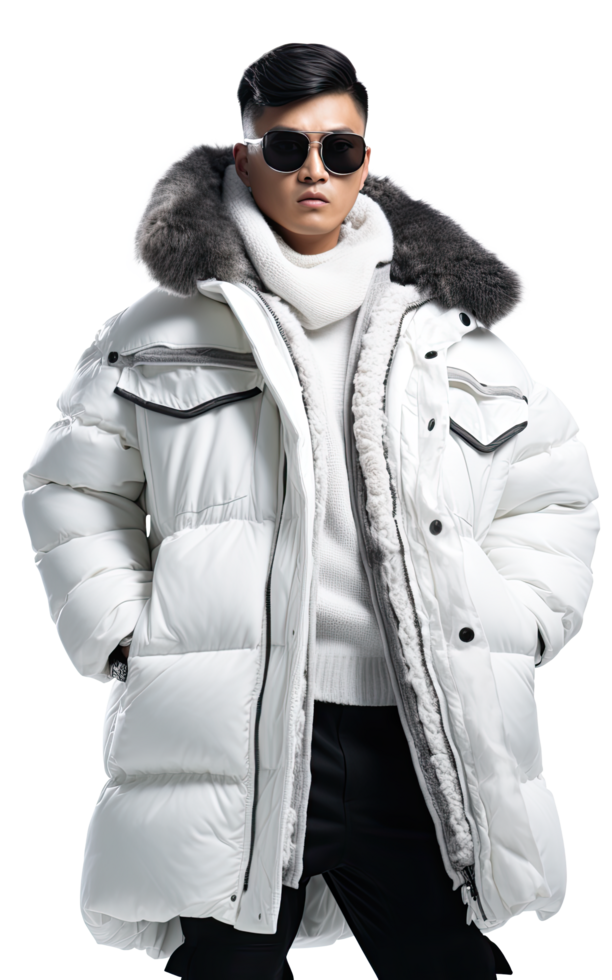 A man in a white down jacket and sunglasses png
