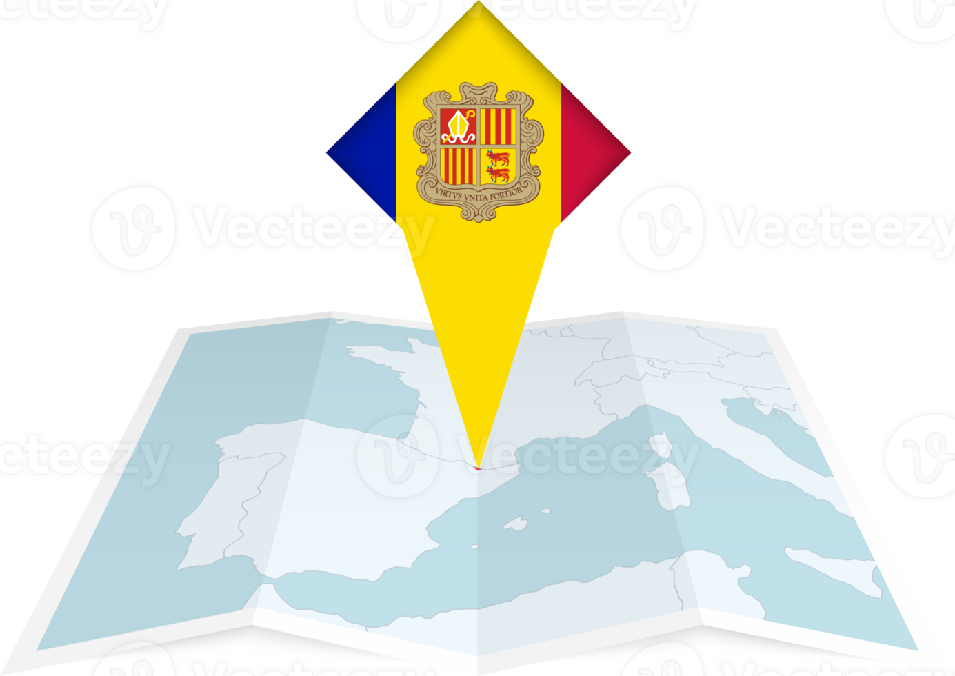 Andorra pin flag and map on a folded map png