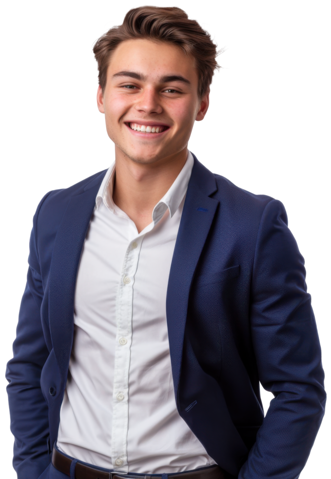 A young man in a blue suit and white shirt png