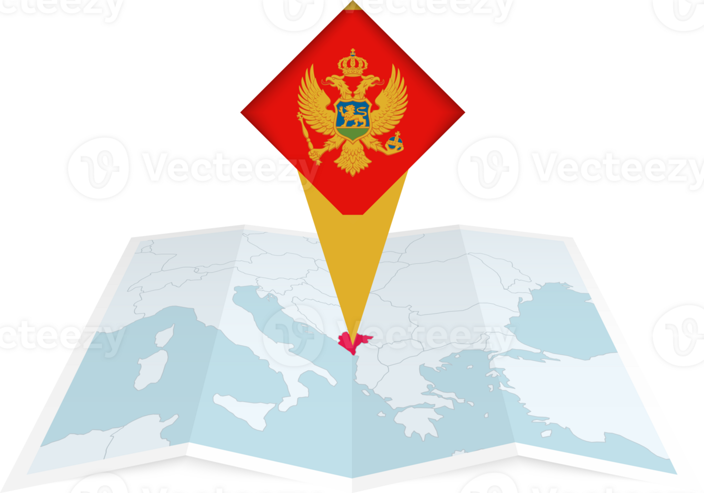Montenegro pin flag and map on a folded map png