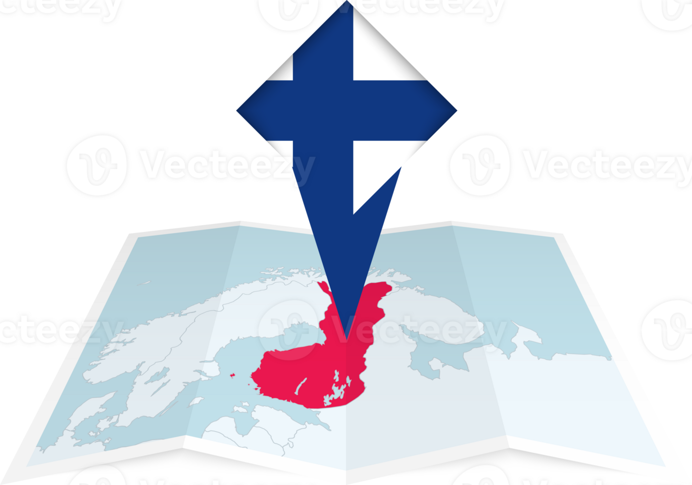 Finland pin flag and map on a folded map png