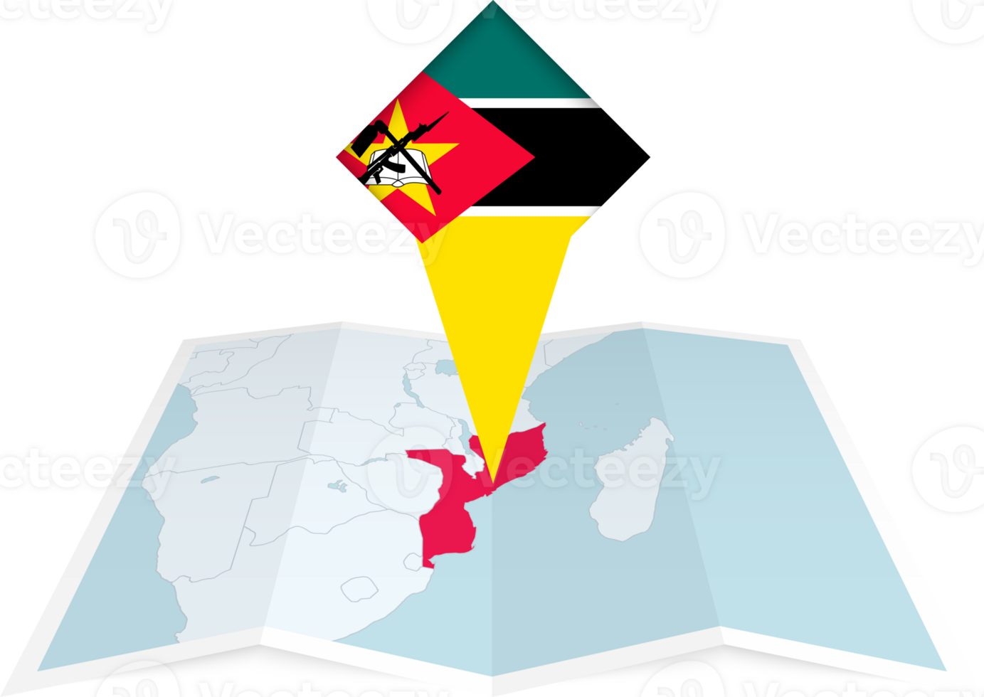 Mozambique pin flag and map on a folded map png