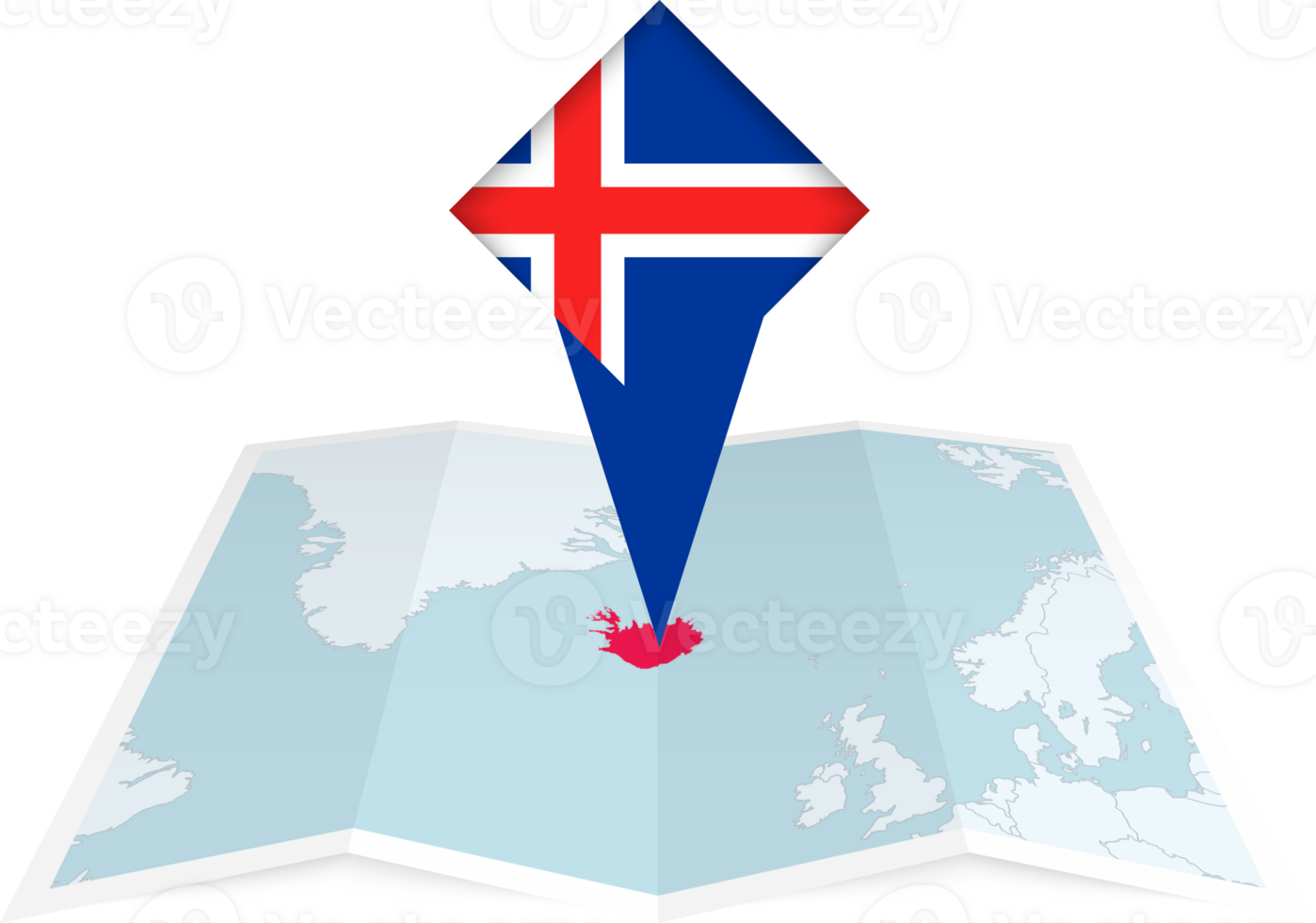 Iceland pin flag and map on a folded map png
