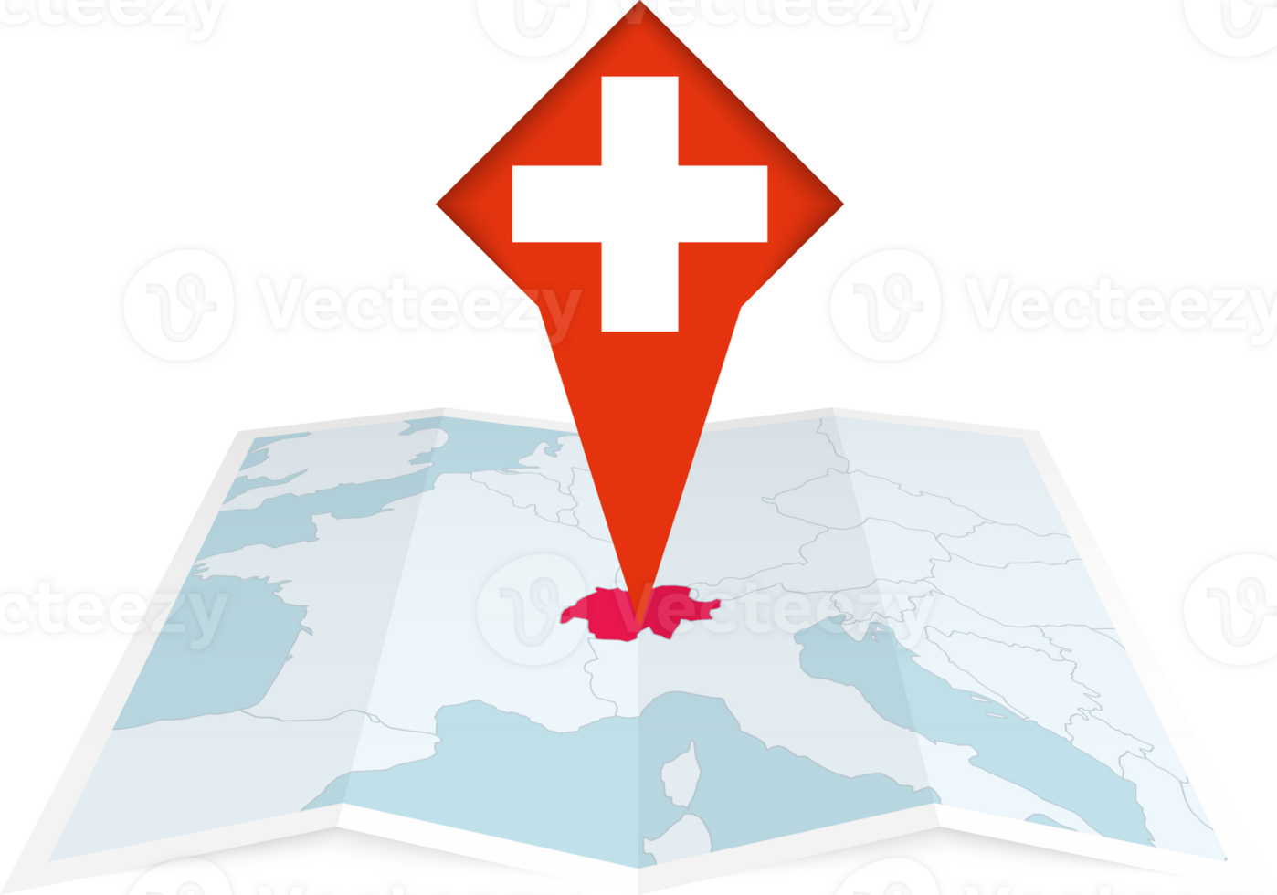 Switzerland pin flag and map on a folded map png