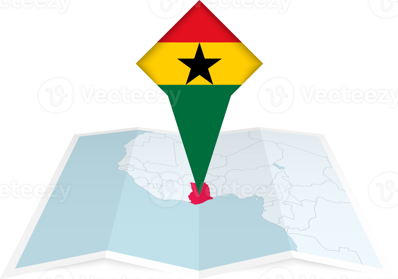 Ghana pin flag and map on a folded map png
