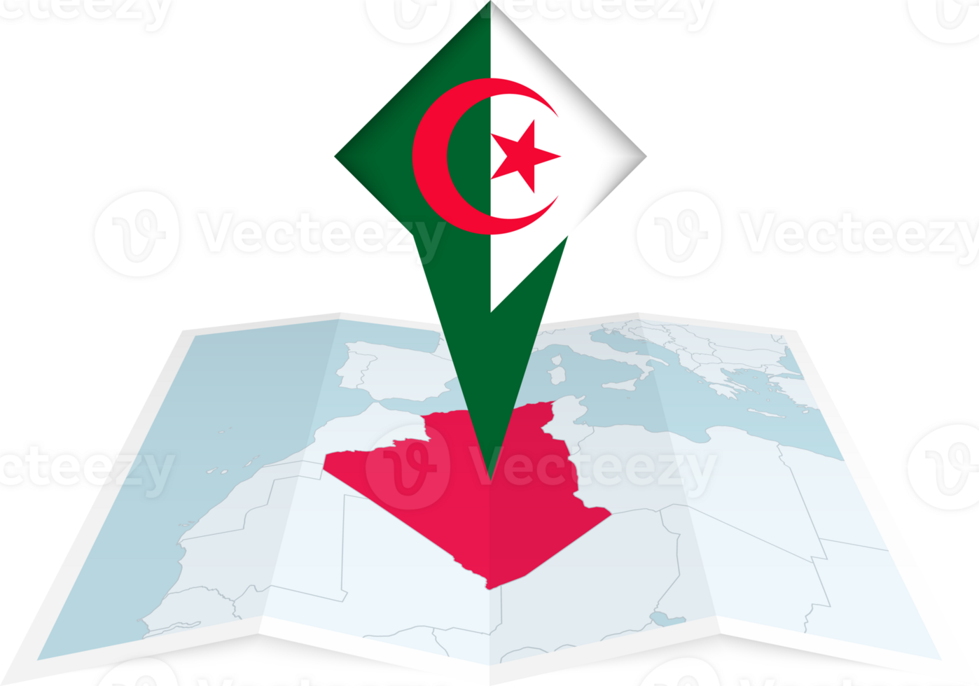 Algeria pin flag and map on a folded map png