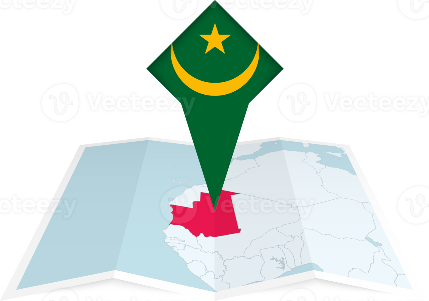 Mauritania pin flag and map on a folded map png