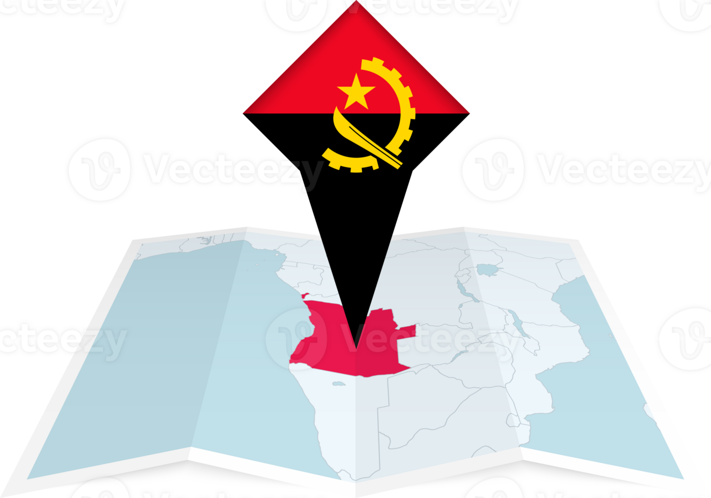Angola pin flag and map on a folded map png
