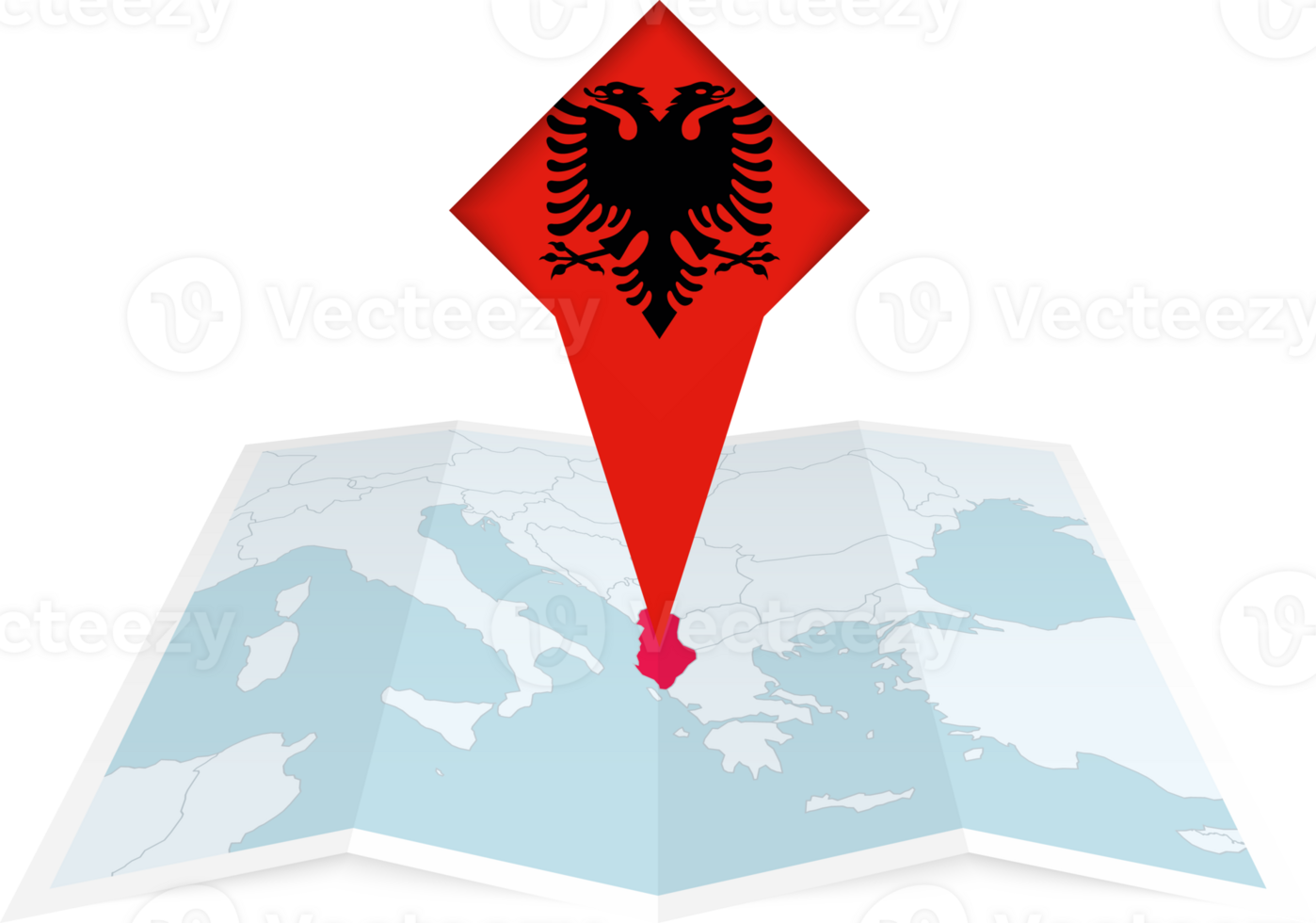 Albania pin flag and map on a folded map png