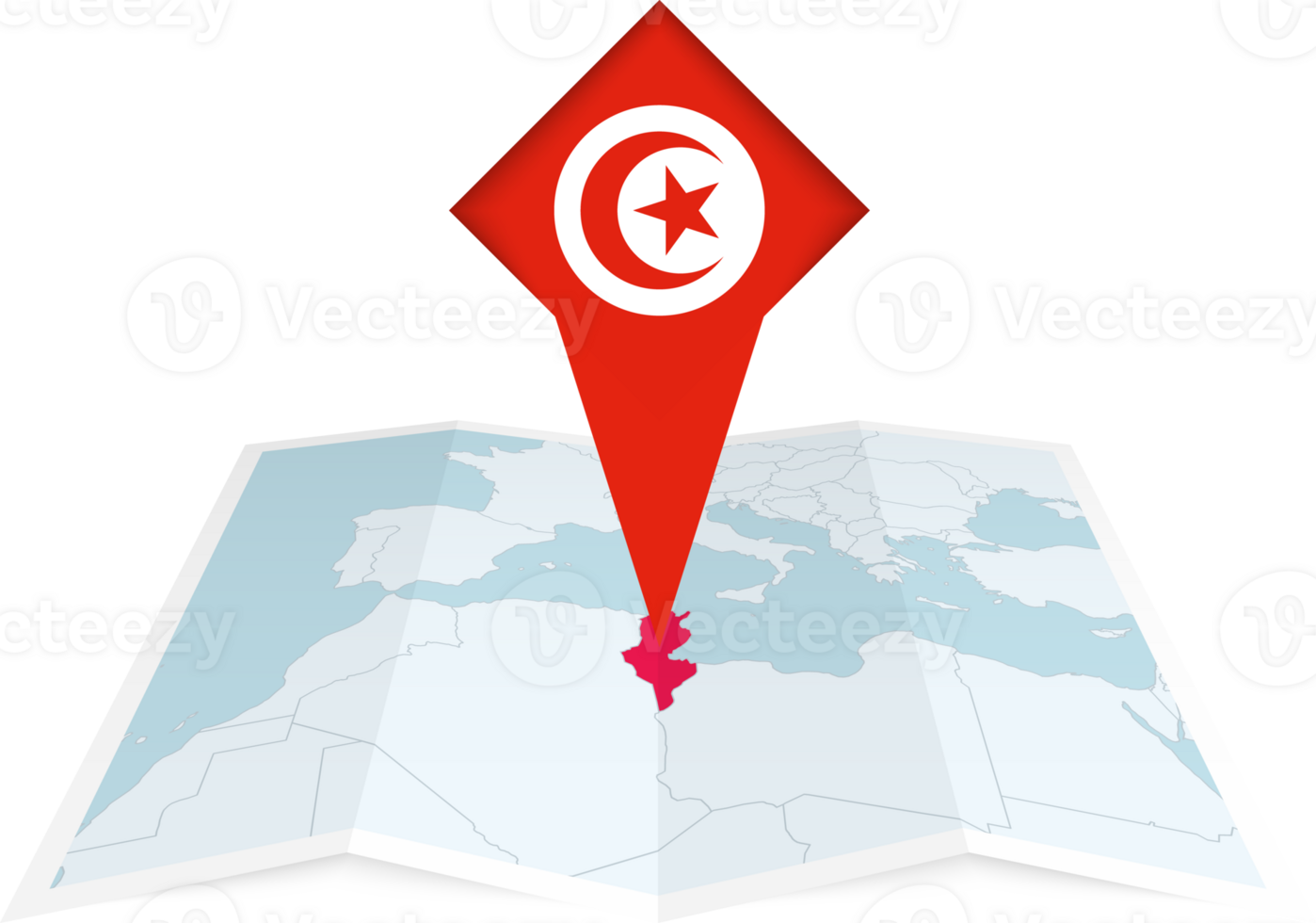 Tunisia pin flag and map on a folded map png