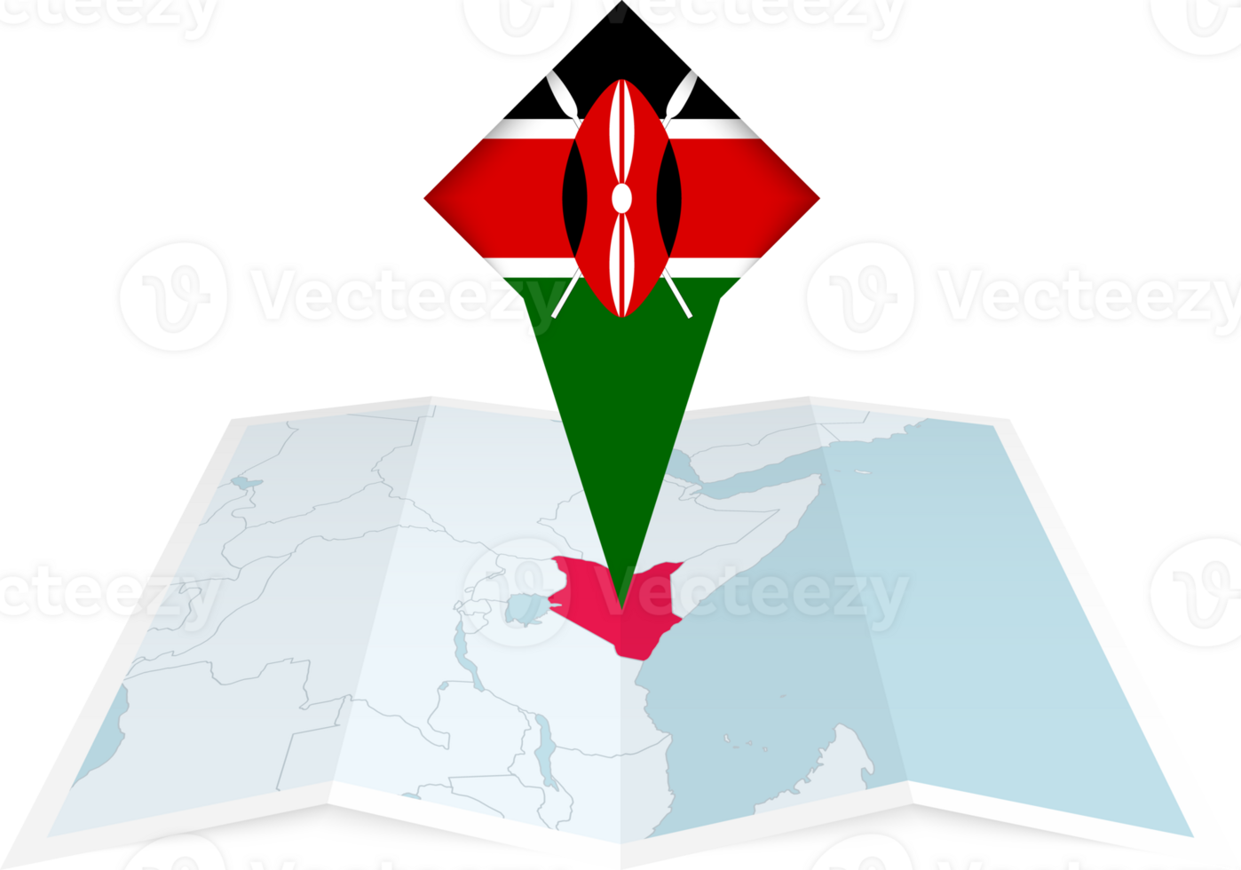 Kenya pin flag and map on a folded map png