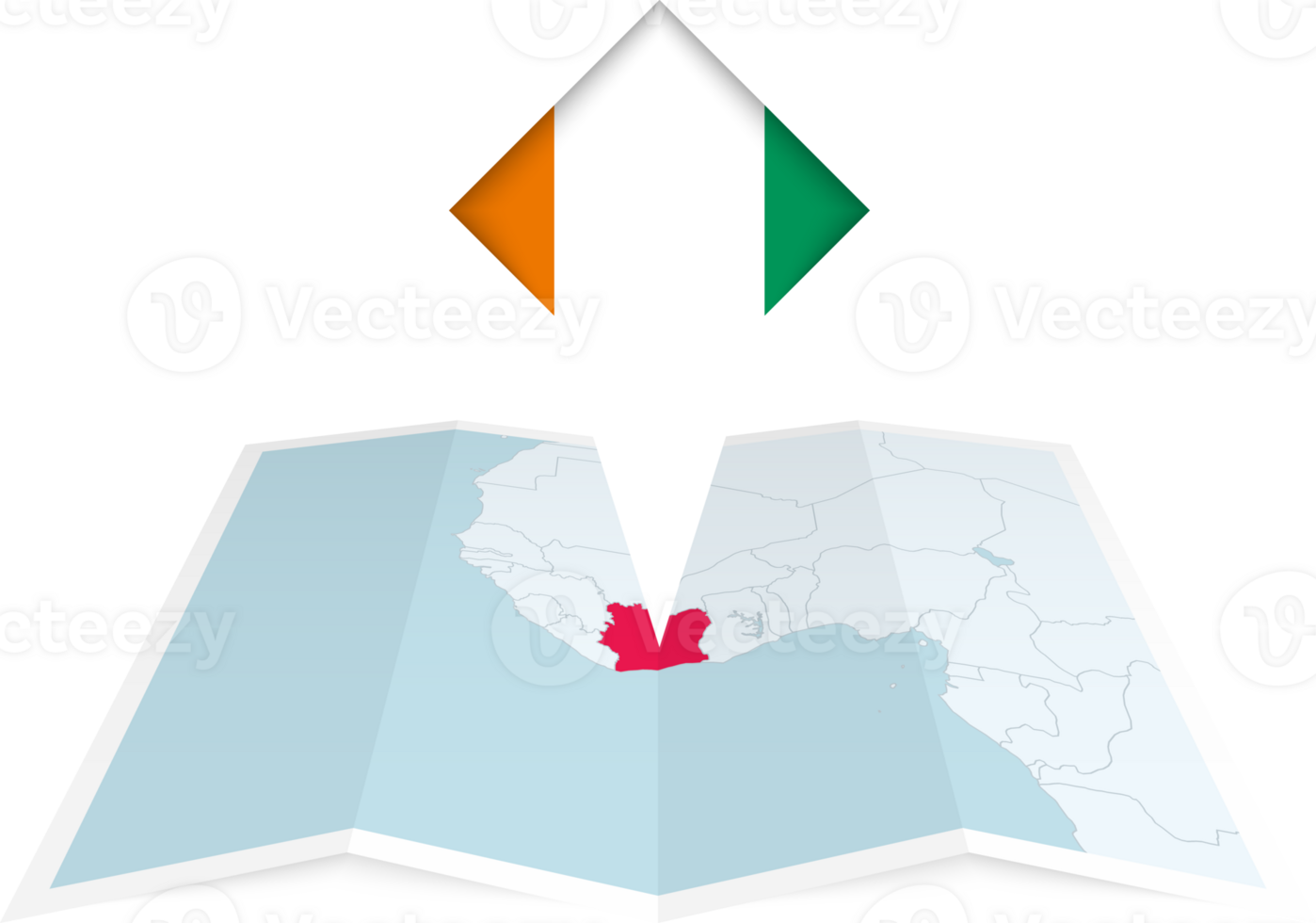 Ivory Coast pin flag and map on a folded map png