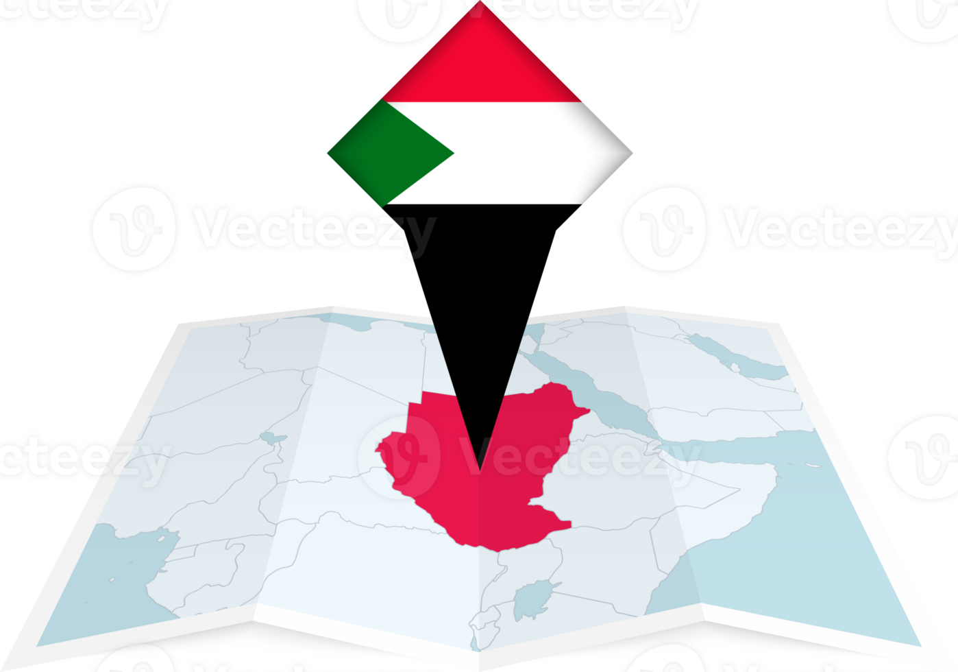 Sudan pin flag and map on a folded map png