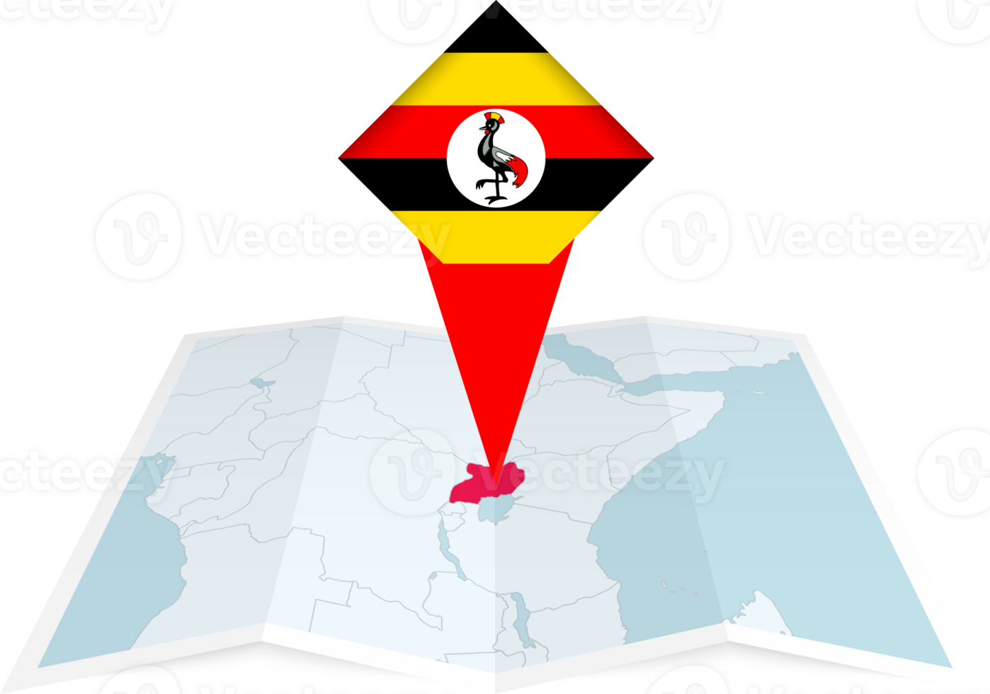 Uganda pin flag and map on a folded map png