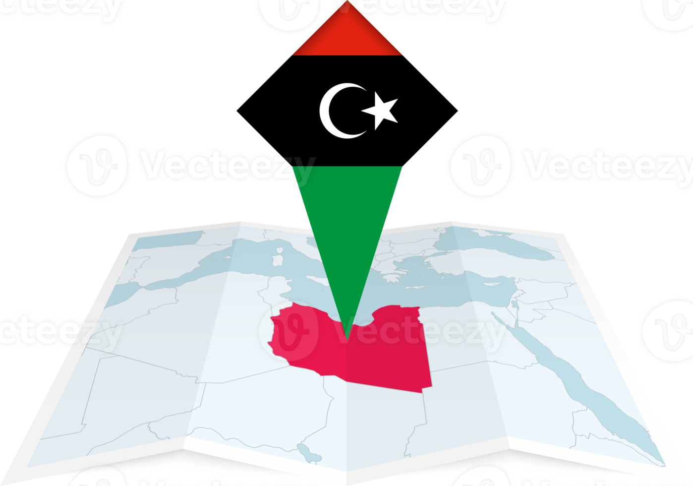 Libya pin flag and map on a folded map png