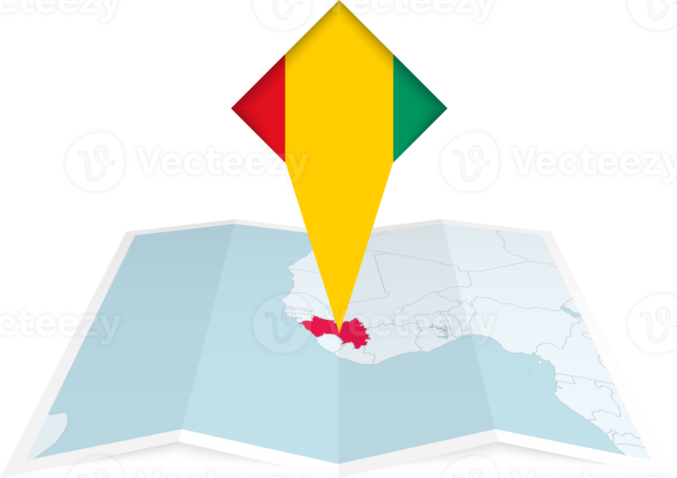 Guinea pin flag and map on a folded map png