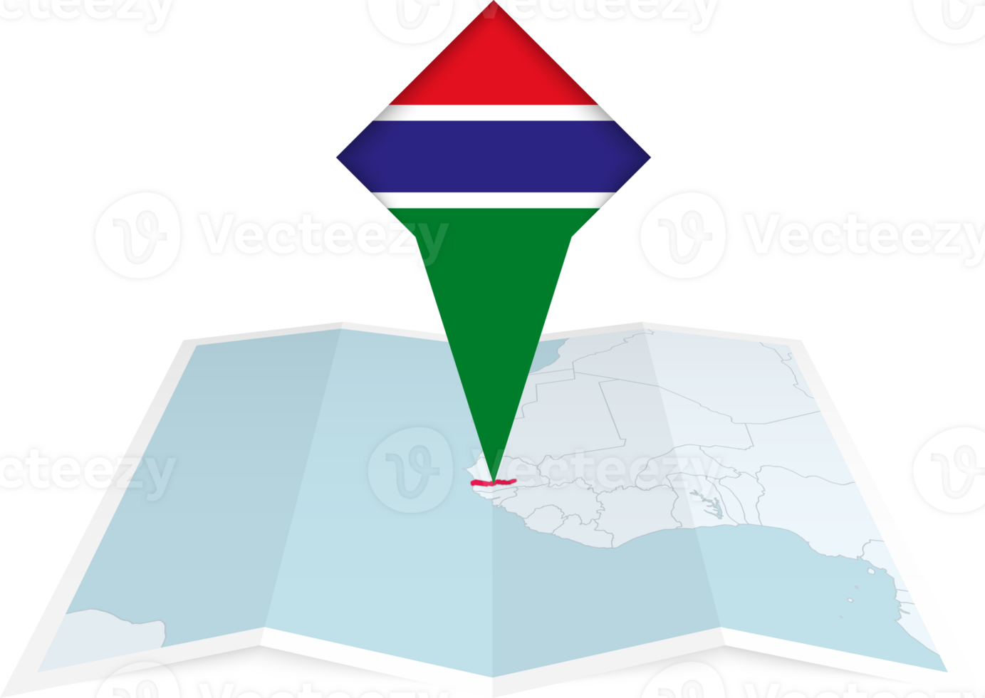 Gambia pin flag and map on a folded map png