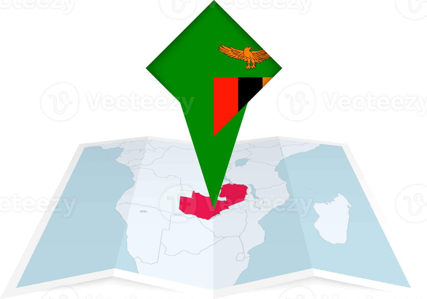 Zambia pin flag and map on a folded map png