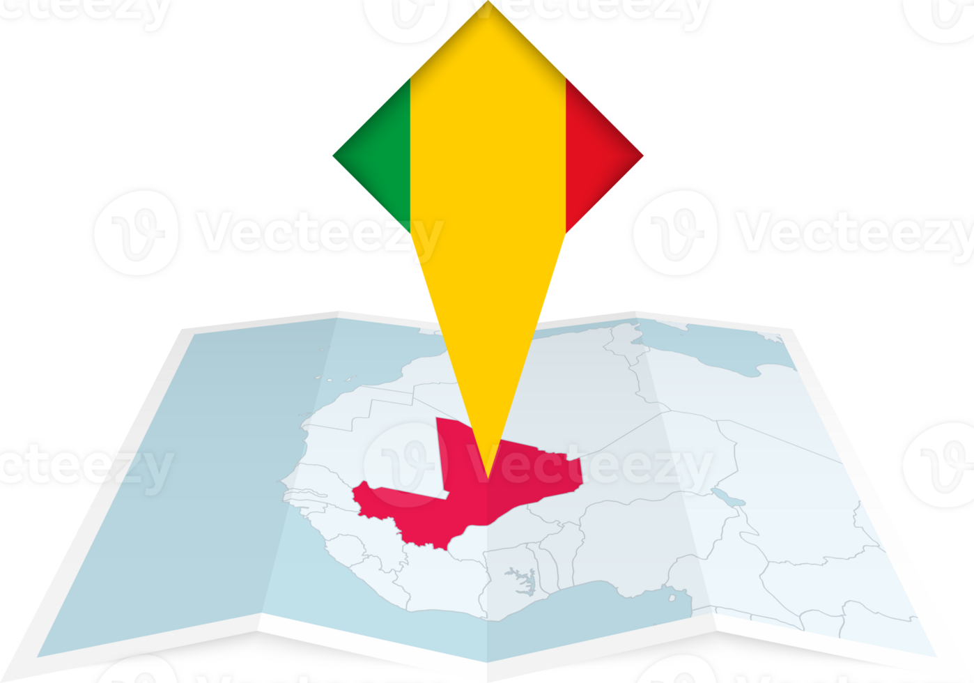 Mali pin flag and map on a folded map png
