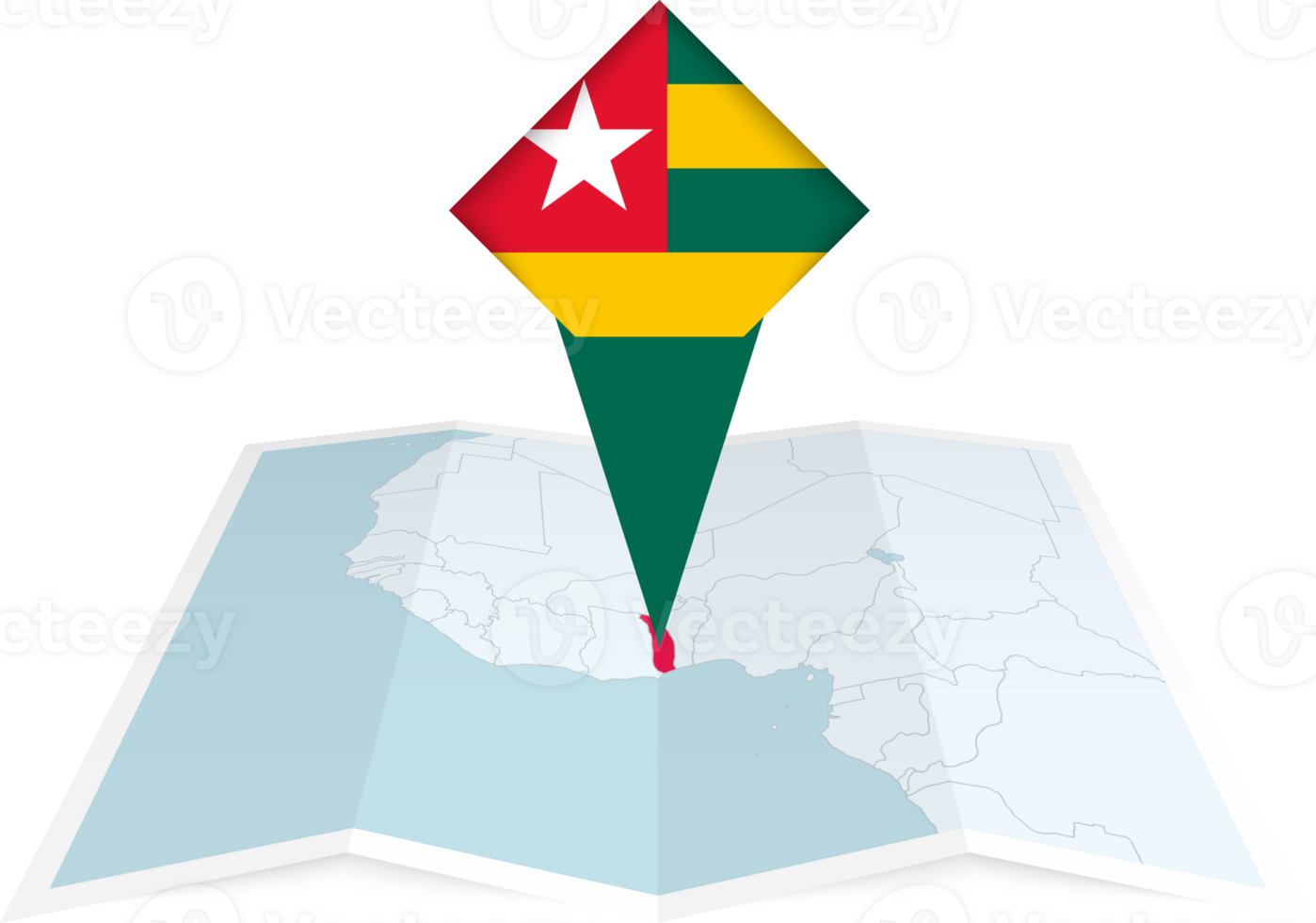 Togo pin flag and map on a folded map png
