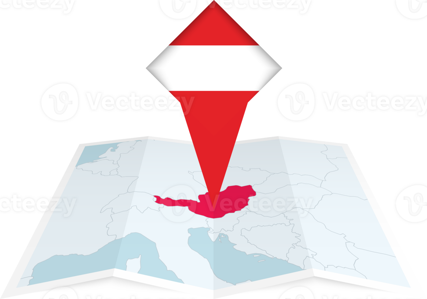 Austria pin flag and map on a folded map png