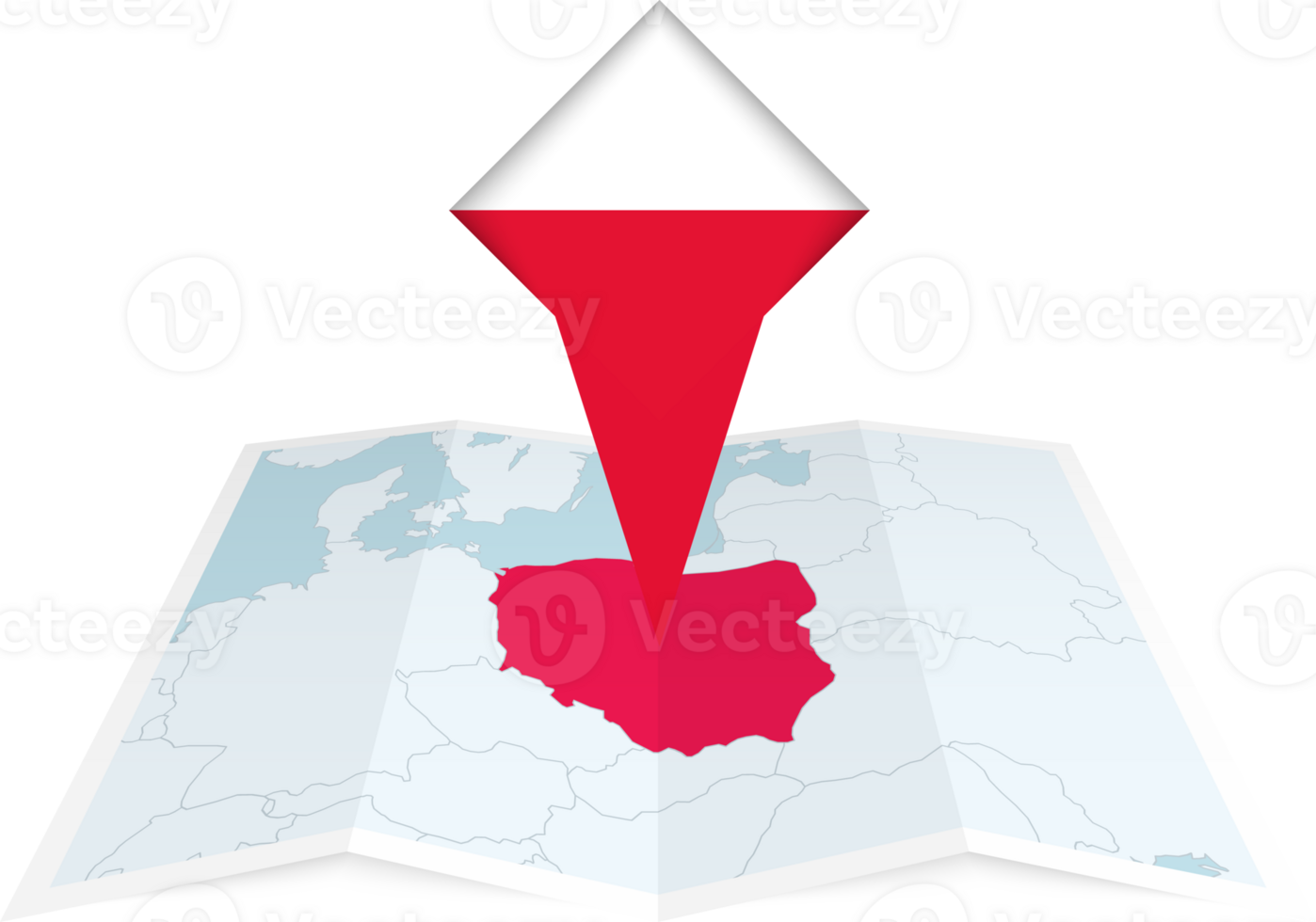 Poland pin flag and map on a folded map png