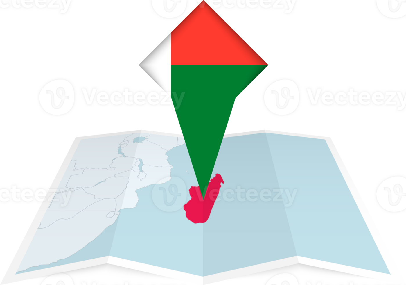 Madagascar pin flag and map on a folded map png
