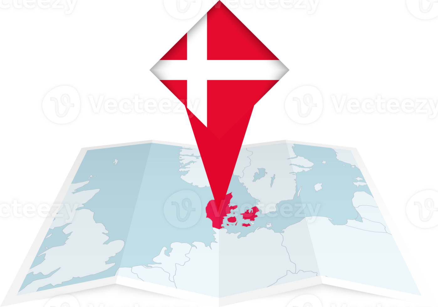 Denmark pin flag and map on a folded map png