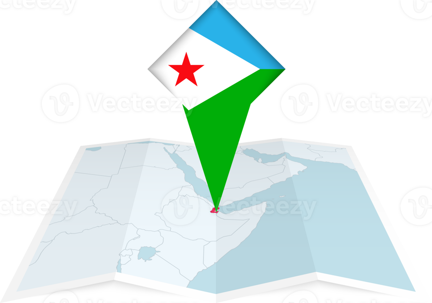 Djibouti pin flag and map on a folded map png