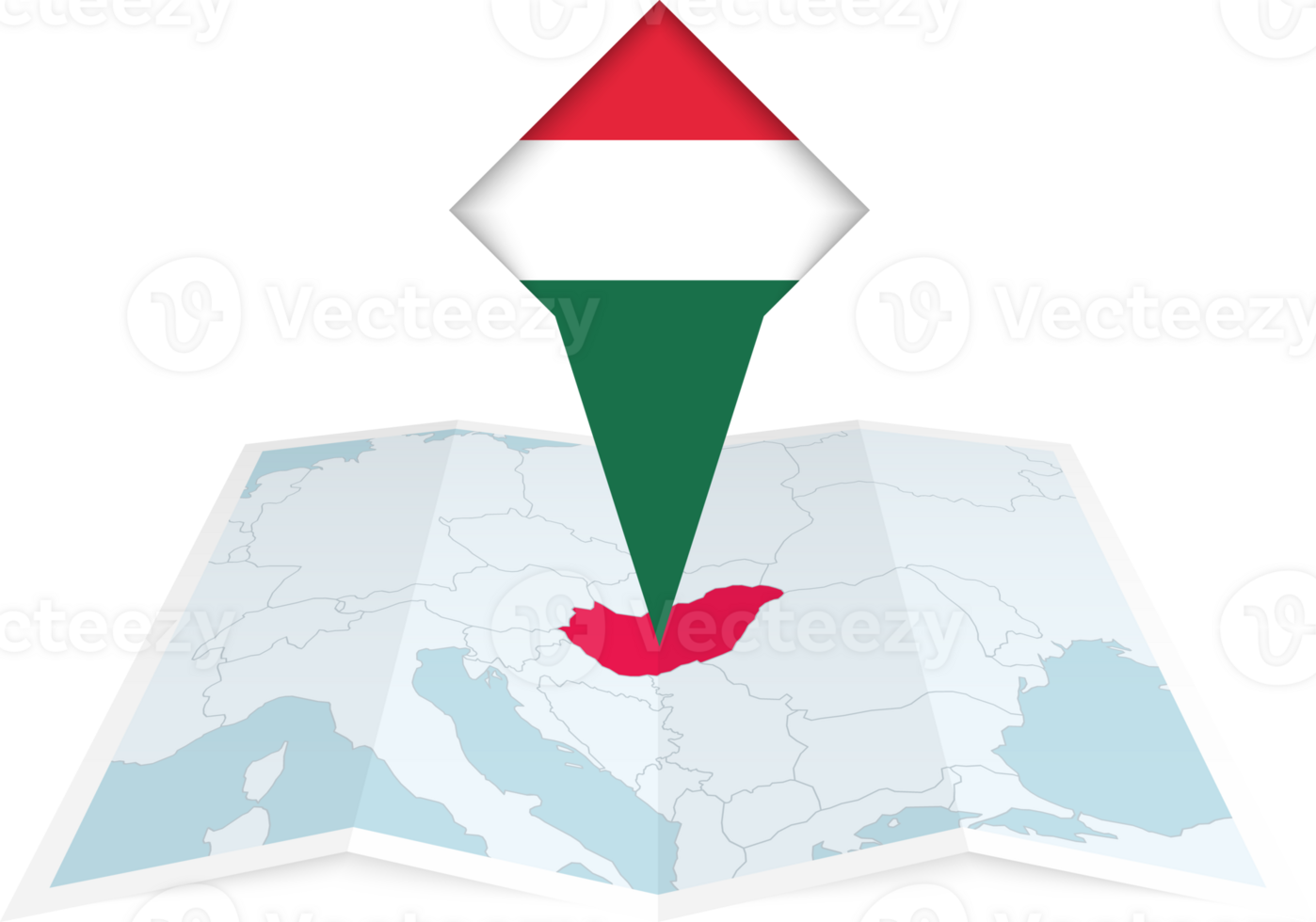 Hungary pin flag and map on a folded map png
