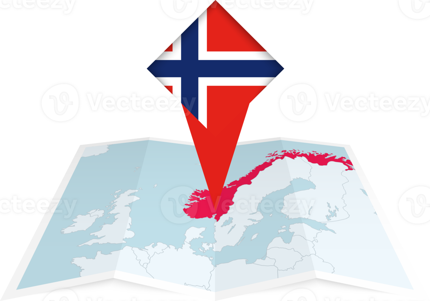 Norway pin flag and map on a folded map png