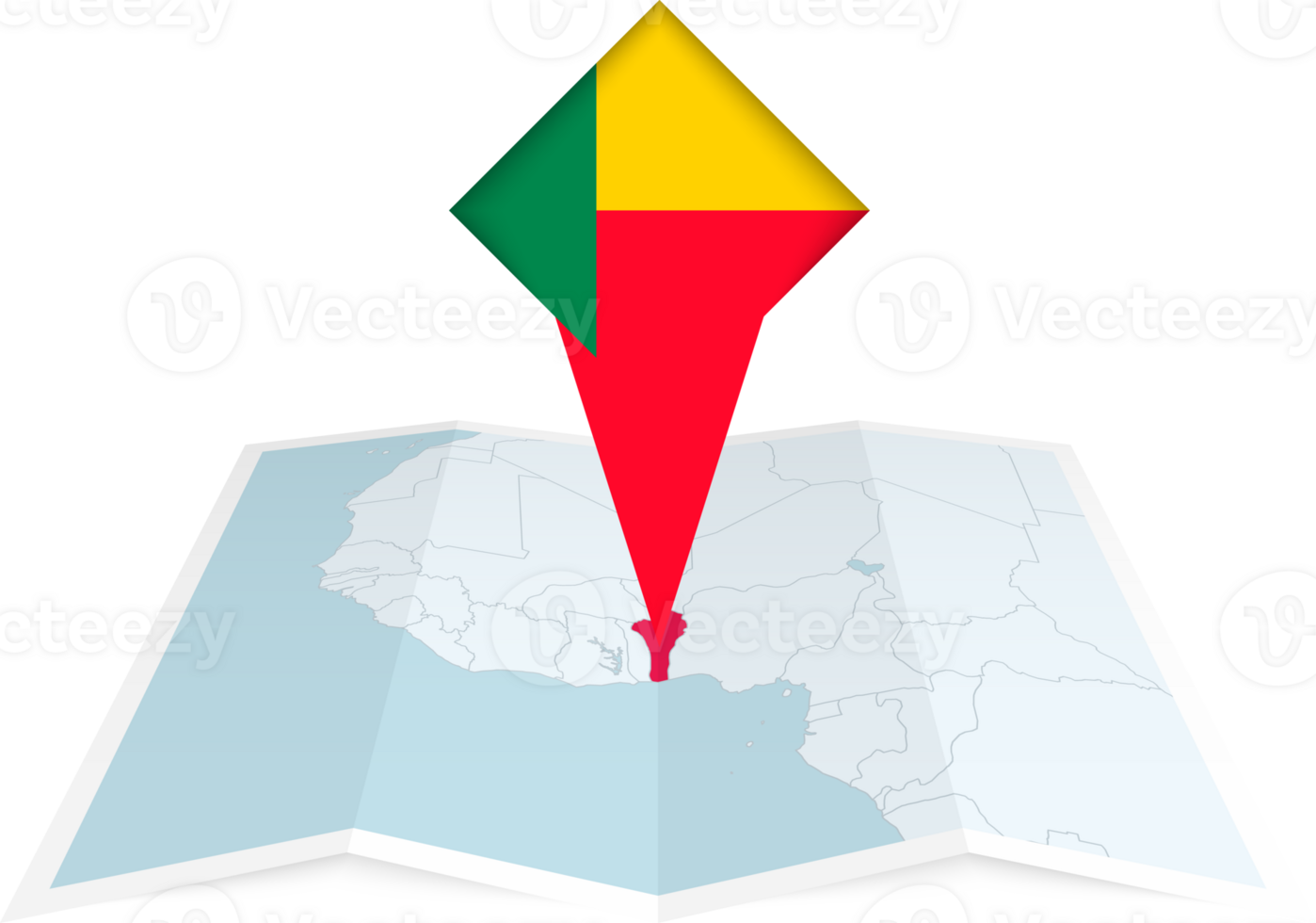 Benin pin flag and map on a folded map png