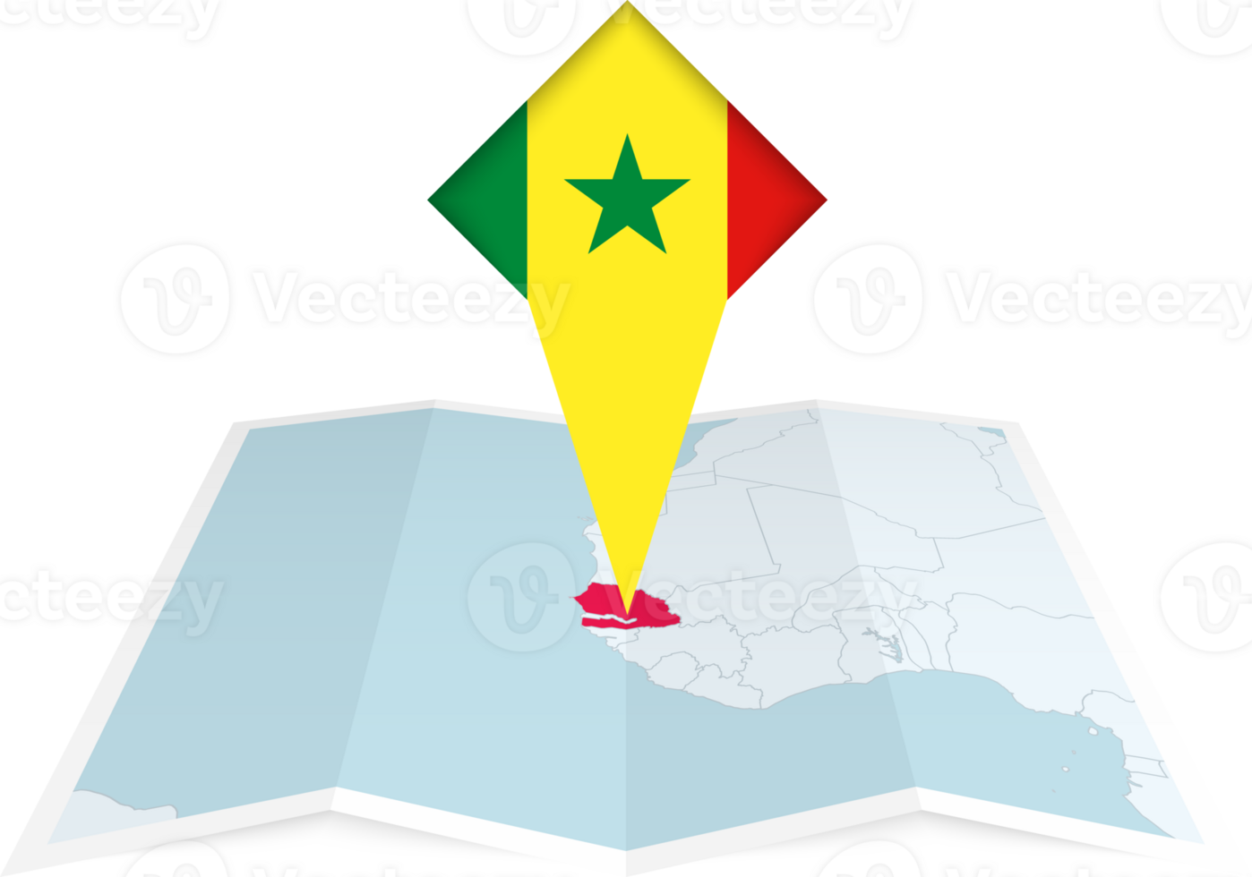 Senegal pin flag and map on a folded map png