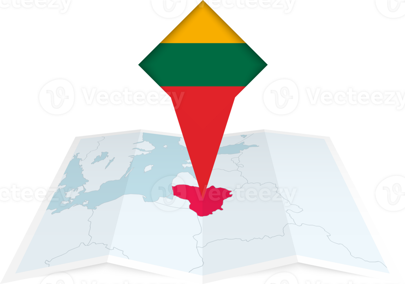 Lithuania pin flag and map on a folded map png