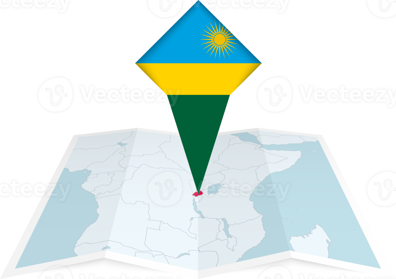 Rwanda pin flag and map on a folded map png