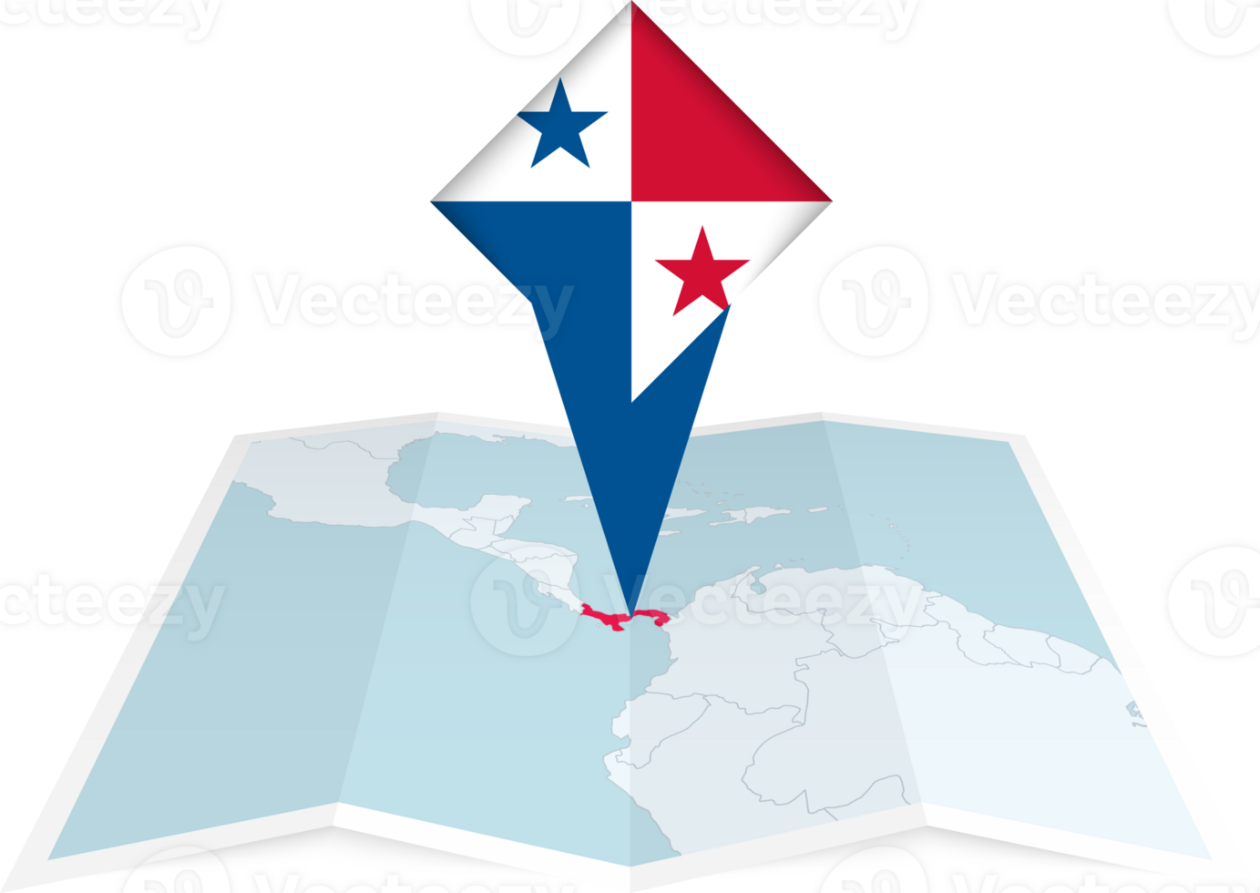 Panama pin flag and map on a folded map png