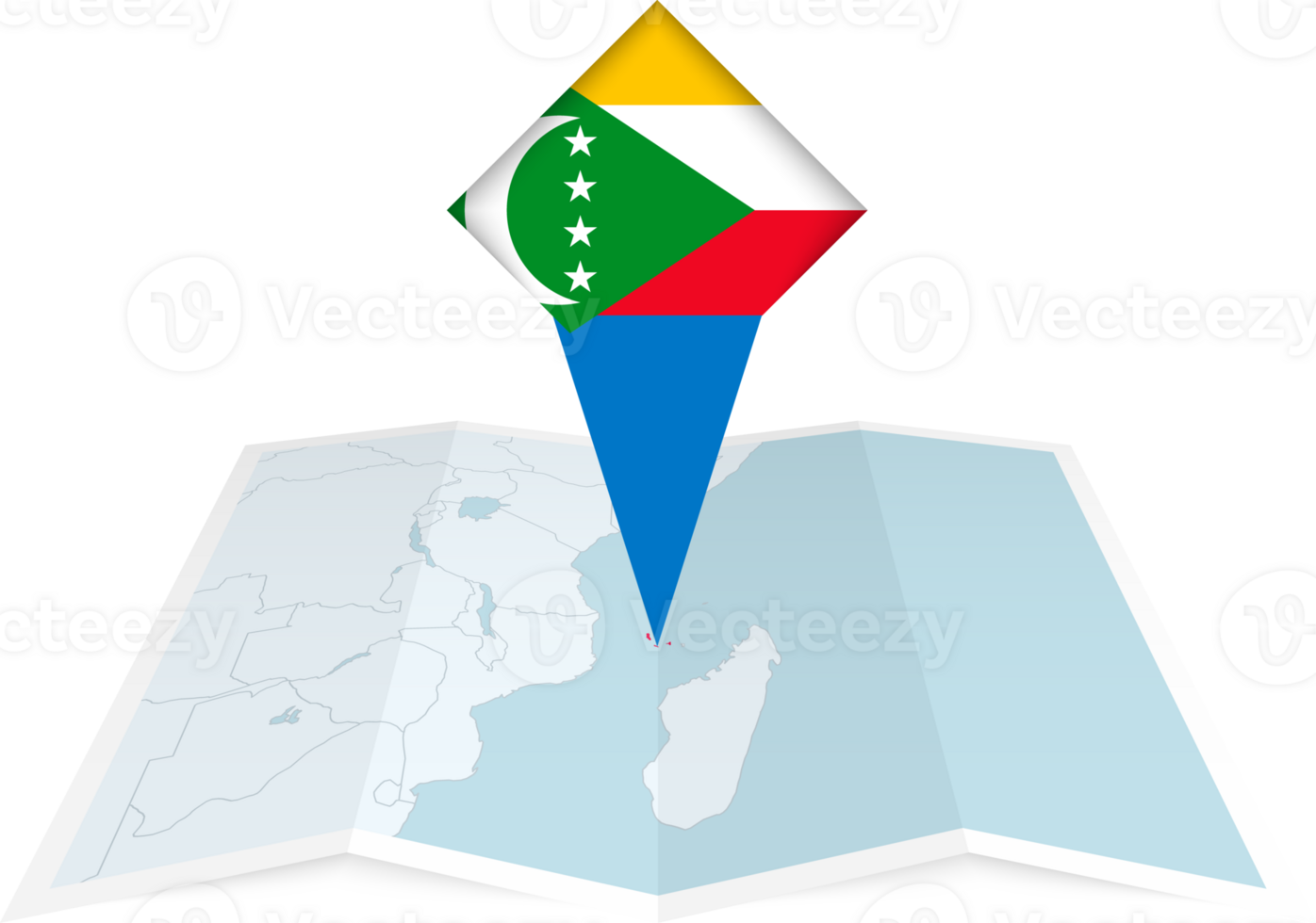 Comoros pin flag and map on a folded map png